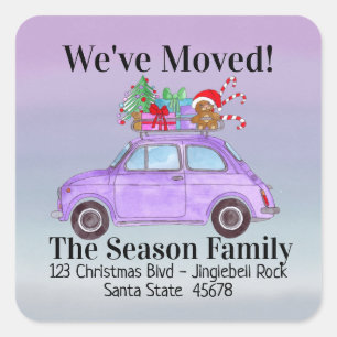 New Address Purple Car with Christmas Gifts Square Sticker