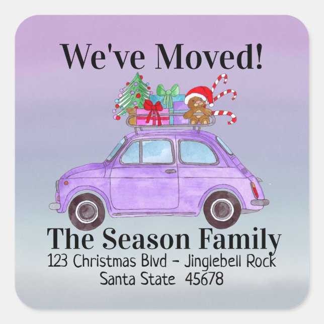 New Address Purple Car with Christmas Gifts Square Sticker (Front)