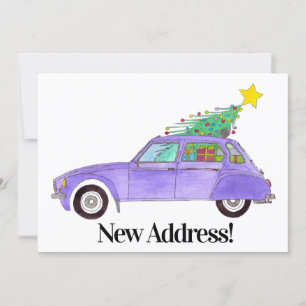 New Address Purple Car with Gifts Invitation