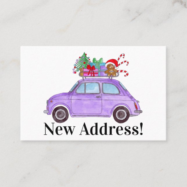 New Address Purple Fiat 500 with Christmas Gifts Business Card (Front)