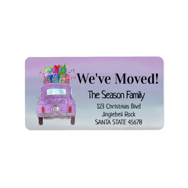 New Address Purple Retro Fiat 500 Christmas Gifts Label (Front)