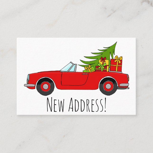 New Address Red  car with Christmas gifts Business Card (Front)