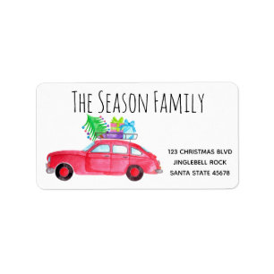 New Address Red Car with Christmas Gifts Label