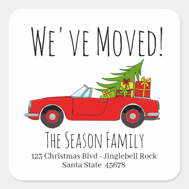 New Address Red Car with Christmas Gifts Square Sticker (Front)