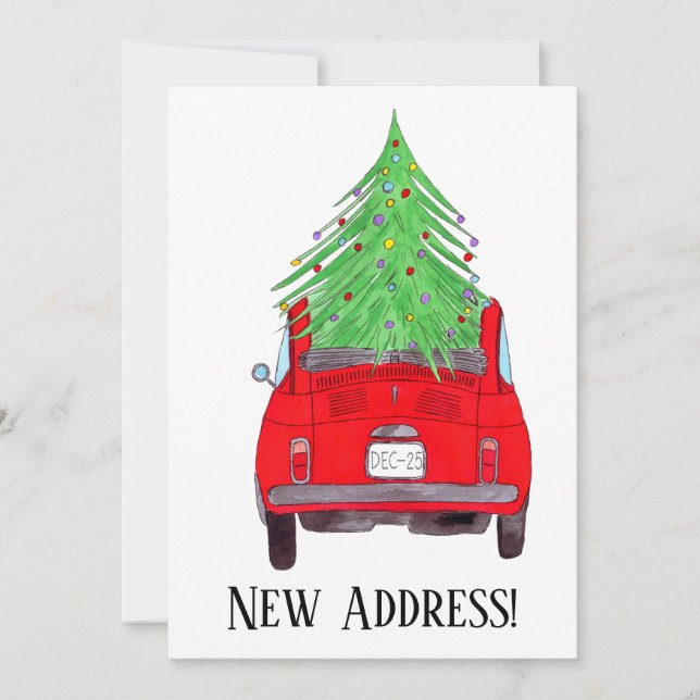New Address Red Car with Christmas Tree Invitation (Front)