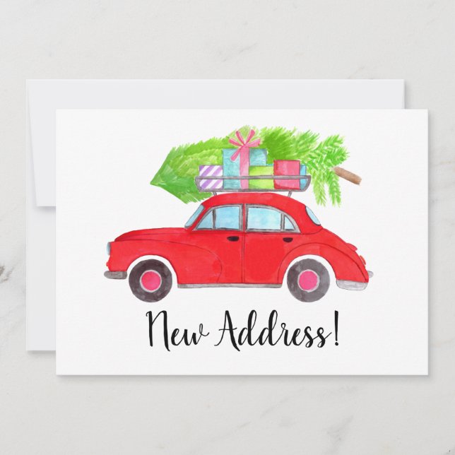 New Address Red Car with Christmas tree Invitation (Front)