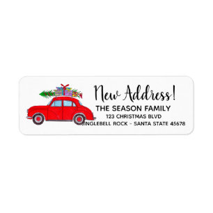 New Address Red Car with Christmas tree Label Return Address Label