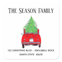 New Address Red Car with Christmas Tree
