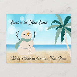 New Address Sandy Snowman on Beach Fancy Script Holiday Postcard