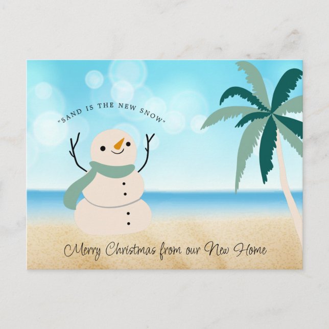 New Address Sandy Snowman Palm Tree on Beach Holiday Postcard (Front)