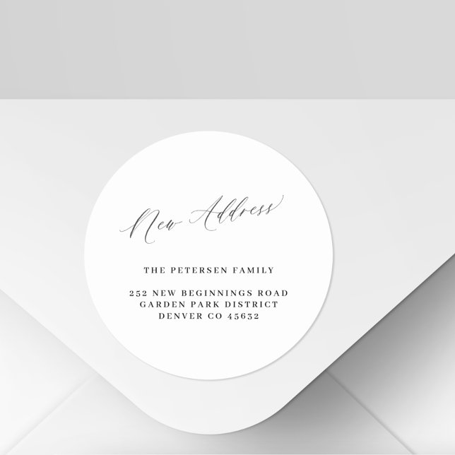 New address simple black white moving announcement classic round sticker (Creator Uploaded)