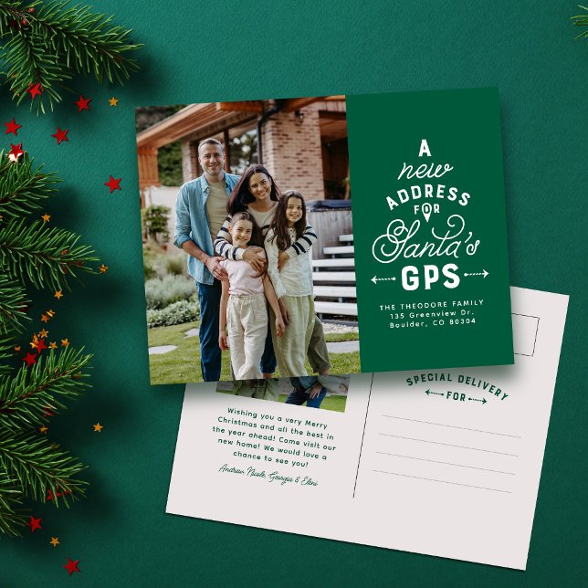 New address two photo green Christmas Holiday Postcard (Creator Uploaded)