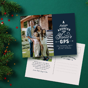 New address two photo navy blue Christmas Holiday Postcard