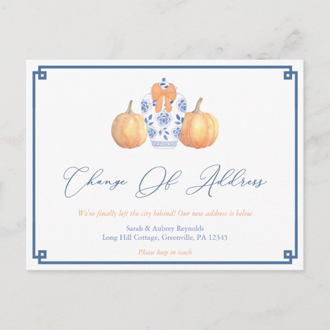 New Address Watercolor Pumpkins Ginger Jar Moving Announcement Postcard (Front)