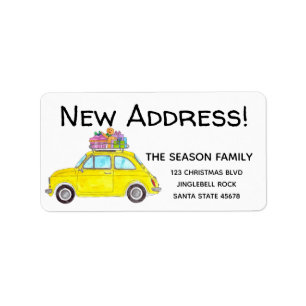 New Address Yellow Retro Fiat 500 Christmas Gifts Label