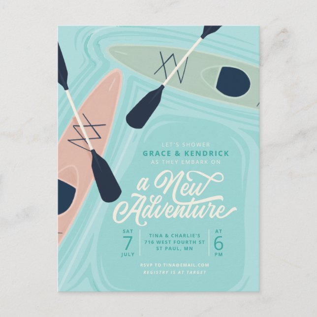 New Adventure Kayak Couples wedding shower Invitat Postcard (Front)