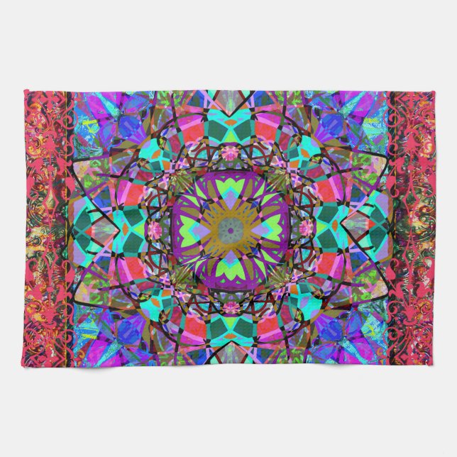 New Age Neon Kaleidoscope Mandala Tea Towel (Horizontal)