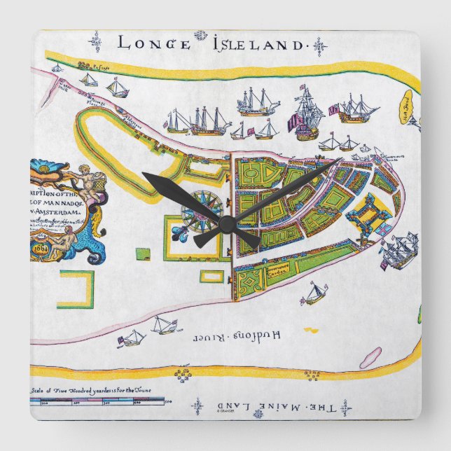 New Amsterdam Map, 1661 Square Wall Clock (Front)