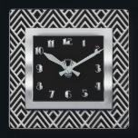 New Art Deco Style (Black and silver) Square Wall Clock<br><div class="desc">Here is another art deco clock I created. Using a deco pattern,  I colored this in Black and silver and then added another inner square in chrome and black for the clock face. I think it makes an excellent wall clock for any living room wall. Or perhaps another room?</div>
