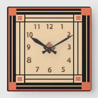 New Art Deco Style (Orange, Black and Cream) Square Wall Clock