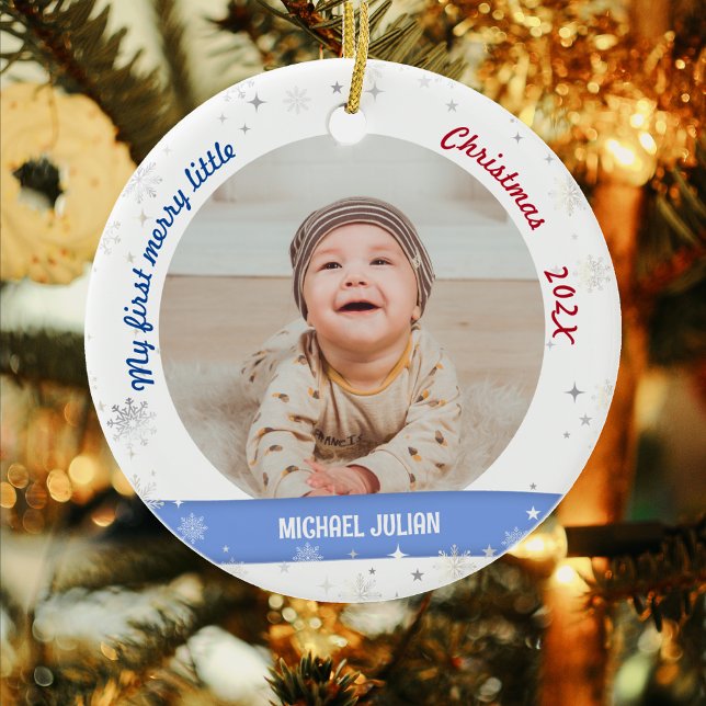 New Baby 2 Photos My First Merry Little Christmas Ceramic Ornament (Cute Modern Elegant Personalized My First Merry Little Christmas Baby Boy 2 Photos Snowflakes)