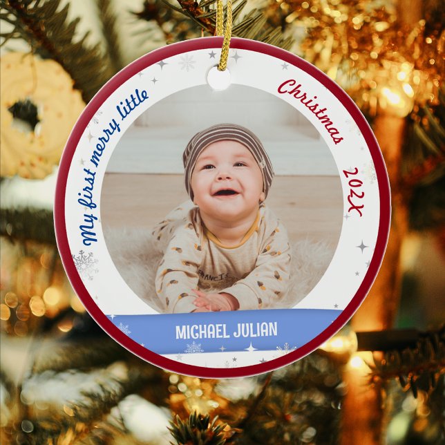 New Baby 2 Photos My First Merry Little Christmas Ceramic Ornament (Cute Modern Elegant Personalized My First Merry Little Christmas Baby Boy 2 Photos Snowflakes)