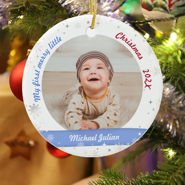 New Baby 2 Photos My First Merry Little Christmas Ceramic Ornament (Modern Elegant Cute My First Merry Little Christmas Baby Boy Personalized Name 2 Photos Snowflakes )