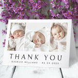 New baby announcement 3 photo thank you card<br><div class="desc">New baby thank you card featuring three photos and the baby's name and date of birth on the front. Custom message inside. Change colours and fonts,  move and resize elements in the design tool.</div>