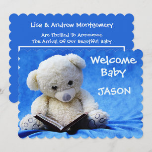 New Baby Announcement Card, Blue, Cute Teddy Bear