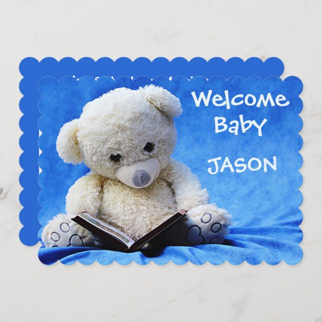 New Baby Announcement Card, Blue, Cute Teddy Bear (Front/Back)