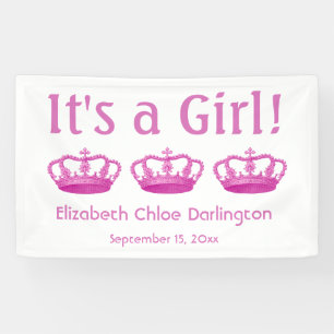 New Baby Announcement It's a Girl Pink Crowns A03A Banner