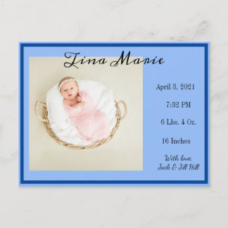 New Baby Birth Announcement Blue Photo Postcard