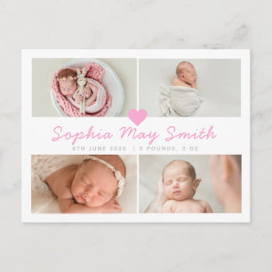 New baby, birth announcement cards, girl postcard