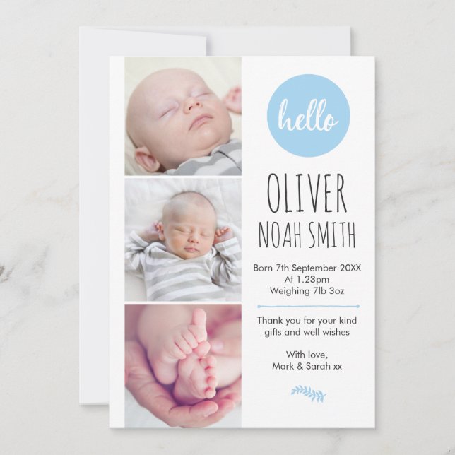 New baby boy announcement/thank you card A5 (Front)