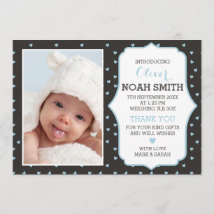 New baby boy announcement/thank you card - hearts