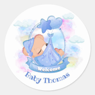 New Baby Boy Blue Teddy Bear Balloons Classic Round Sticker
