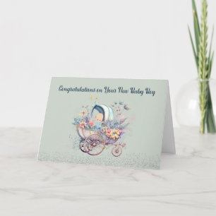 New Baby Boy Card with Carriage & Flowers