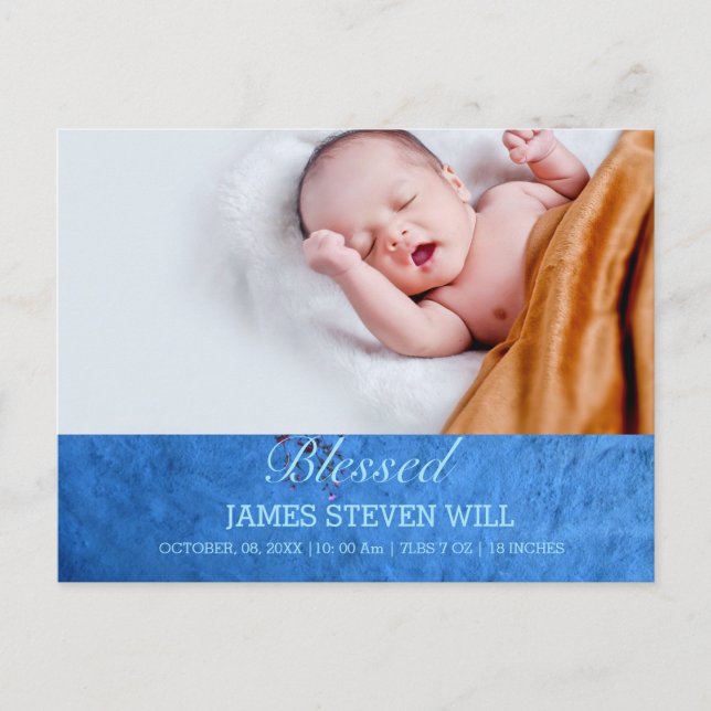 NEW BABY, BOY  CUTE BLUE PHOTO BIRTH ANNOUNCEMENT  POSTCARD (Front)