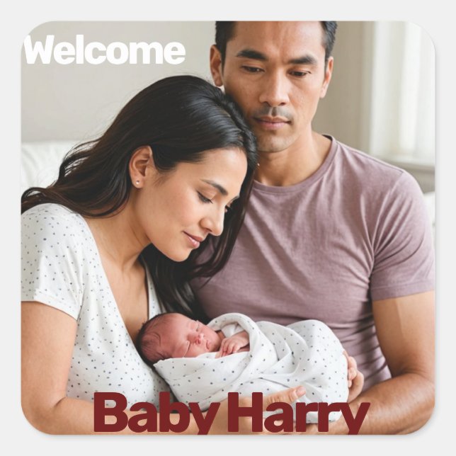 new baby boy girl birth announcement photo modern square sticker (Front)