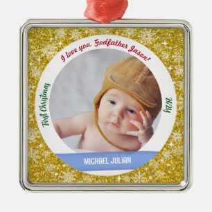 New Baby Boy Photo 1st Christmas Godfather Golden Metal Ornament