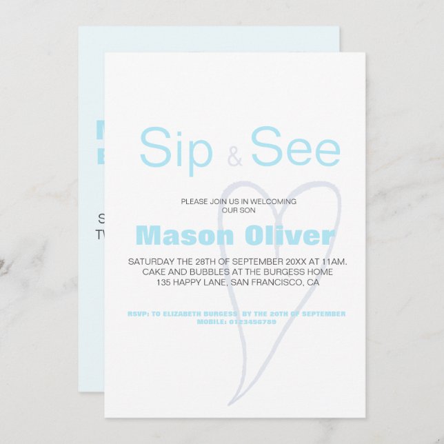 New Baby Boy Sip and See with statistics Invitation (Front/Back)