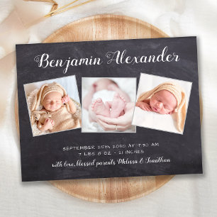 New Baby Chalkboard 3 Photo Birth Announcement Postcard