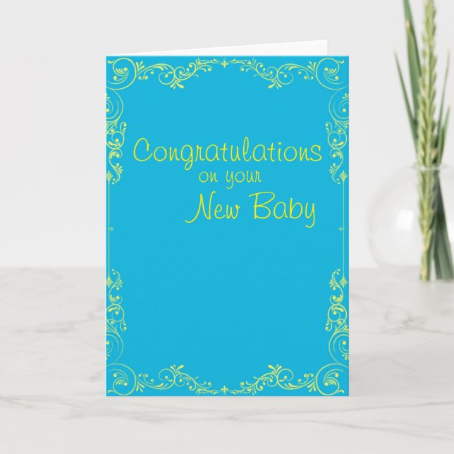 New baby congratulations bright blue and yellow card (Front)