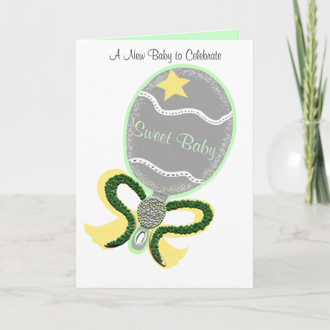 New Baby Congratulations Green Yellow Rattle Card (Front)