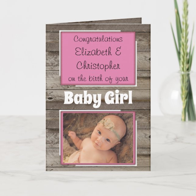 New Baby congratulations photo rustic pink Card (Front)