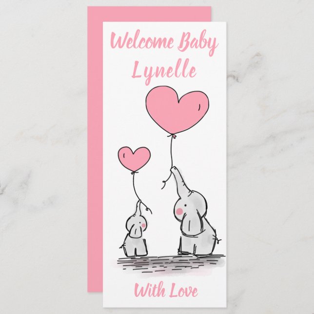 New Baby, Cute Baby Elephants with Pink Hearts Announcement (Front/Back)