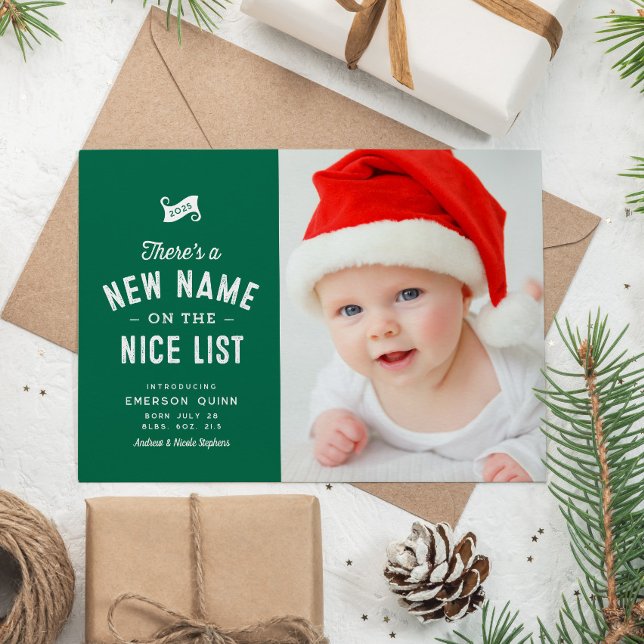 New baby cute two photo green Christmas Holiday Card (Creator Uploaded)