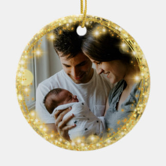 New Baby First Christmas Glitter Gold Circle Ceramic Ornament