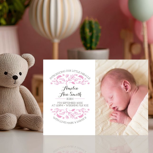 New Baby Girl Announcement – Floral and Soft Pink  (Introduce your baby girl with this beautiful floral-themed announcement card)
