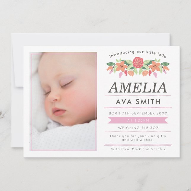 New baby girl announcement/thank you card (Front)